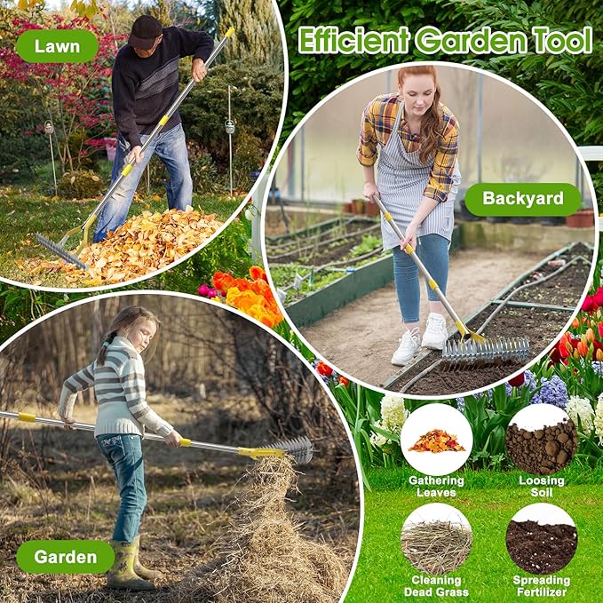 2-in-1 Thatch Rake for Lawn Long Stainless Steel Thatching Rake with Sharp Dethatching Blade Manual Dethatcher & Scarifier Tool for Dead Grass Removal,Soil Loosening Garden Yard Lawn Care (55inch)