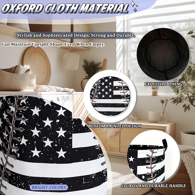 US Flag Baseball Laundry Basket Oxford Cloth Foldable Hamper 18.9x16.5 Inch | Funny With Handle Large-Capacity Tote Bag Laundry Hamper Clothes Storage Bucket Toy Organizer For Bathroom,Laundry,Bedroom