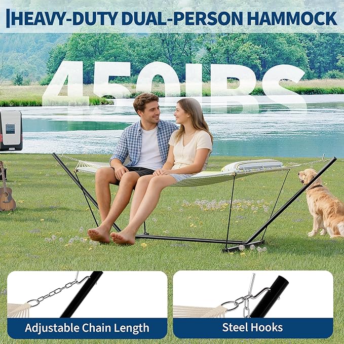 Garvee 2 Person Portable Double Hammock for Outdoor with Pillow, Heavy Duty Portable Hammock with Adjustable Steel Stand for Patio, Garden, Beach, Backyard