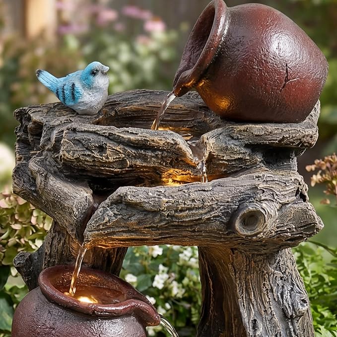 26-Inch Outdoor Water Fountain, 5-Tier Cascading Jars & Wood Design Resin Garden Fountain with Bird Accent & 4 LED Lights, Home Decor for Farmhouse, Patio, Backyard, Deck, Lawn in Brown
