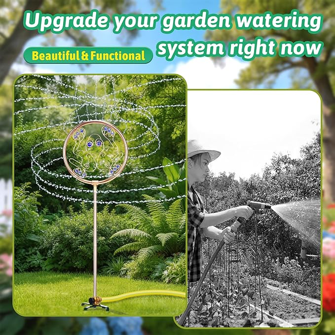 34" Tall Copper-Coated Stainless Steel Garden Sprinkler, 360° Rotating Decorative Ornamental Sprinkler for Lawn, Yard & Landscape Watering (Frog)
