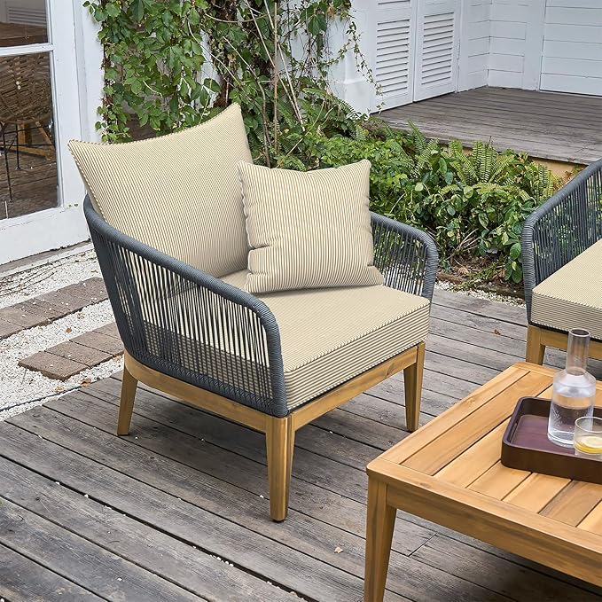 LVTXIII Outdoor Seat and Back Cushion Patio Deep Seat Cushion Set Seasonal Chair Cushion for Wicker Chairs and Garden Furniture Decoration, 22"x22"x4", Strip Beige