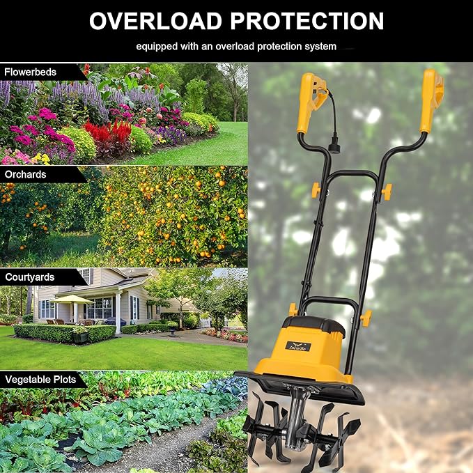 IncwBo 8.5AMP 12Inch Corded Tiller Cultivator 8-inch Depth Rototillers for Gardening, 360RPM Electric Garden Tiller with LT-201D Socket
