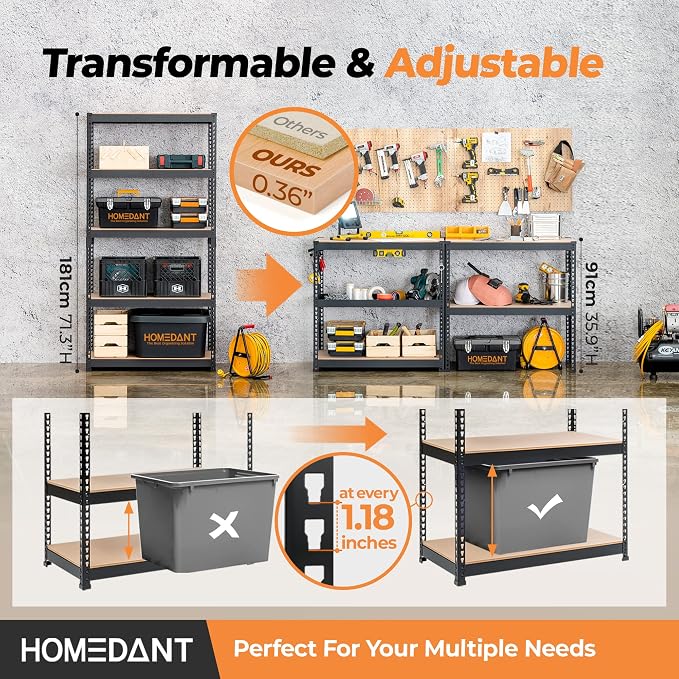 HOMEDANT Black 35.9" W 5 Tier Storage Shelves Garage Shelving Unit Metal