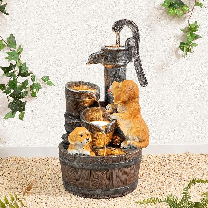 Glitzhome Water Fountain Outdoor, Outdoor Fountain with Lights & Pump, 23.75" H Cute Dog Playing Around The Water Polyresin Cascading Waterfall Floor Standing Water Feature for Garden, Patio
