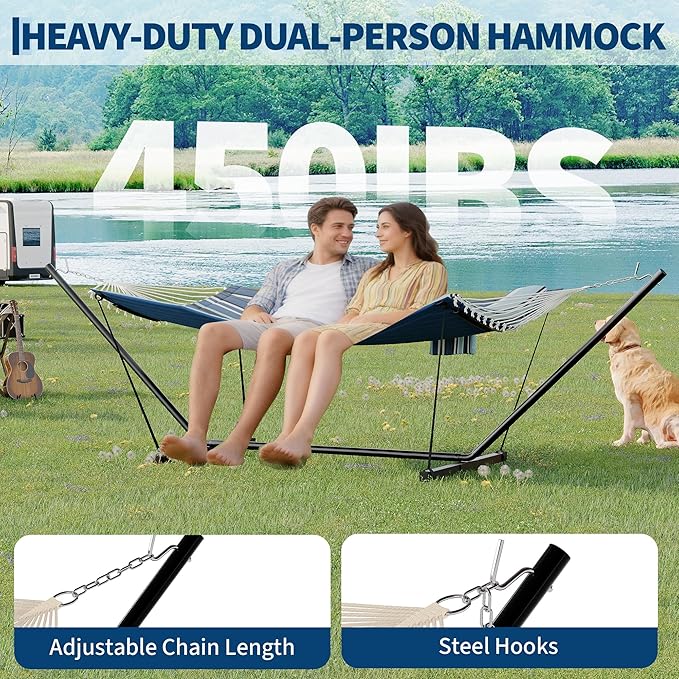 Garvee﻿ 2 Person Hammock with Stand for Outside, Double Hammock with Stand and Pillow, Max 450 Lbs Capacity with Balance Rope, Large Hammock for Outdoor Patio Backyard Poolside