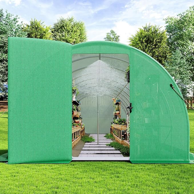 AMERLIFE 30×10 FT Tunnel Greenhouse with Built-in Sprinkler System, Walk-in Greenhouse for Backyard Gardening, Heavy Duty Galvanized Steel Frame & Waterproof PE Cover, Green