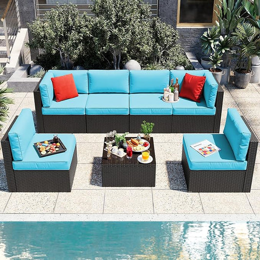 Vongrasig 7 Pieces Patio Furniture Sets, Outdoor All-Weather Wicker Patio Conversation Sets, L-Shaped Rattan Sectional Patio Sofa with Glass Table for Backyard, Blue