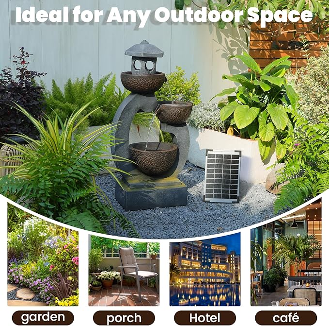 Tankana 36 inches Water Fountain Outdoor Solar Powered Zen Pagoda Garden Japaness Modern Tranquil Waterfalls Fountains Landscaping Cascading Bowls on Patio Yard Porch Deck Balconies Lawns, Gray
