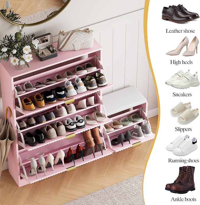 HUANLEGO Shoe Cabinet Storage for Entryway with Flip Drawer & Bench, Pink