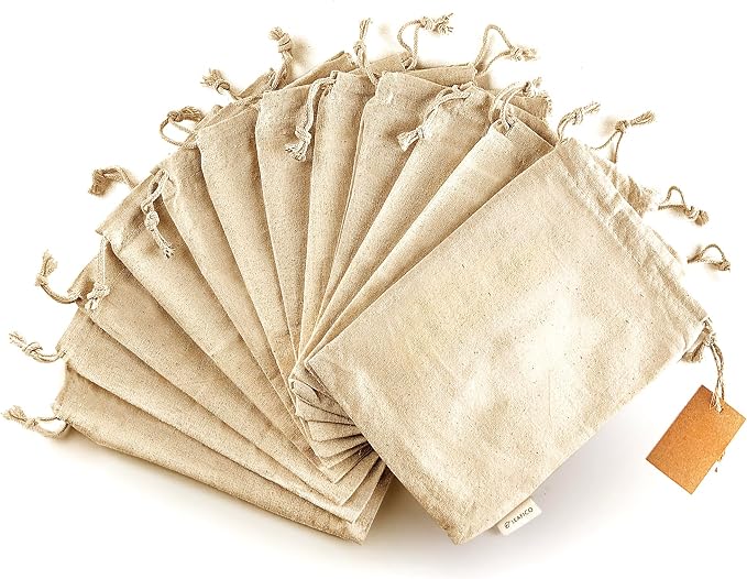 LEAFICO Organic Cotton Reusable Produce Bags - Small 5x7 (12 Pack) - Biodegradable Eco-Friendly Bulk Bin Sacks for Food - Cloth Bags with Drawstrings - Linen Pouch for Fruit, Vegetable Storage