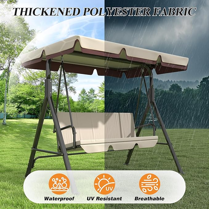 GARTOO 3-Seat Patio Swing Chair, Outdoor Porch Swing with Adjustable Canopy and Durable Steel Frame for Patio, Garden, Poolside (Beige)