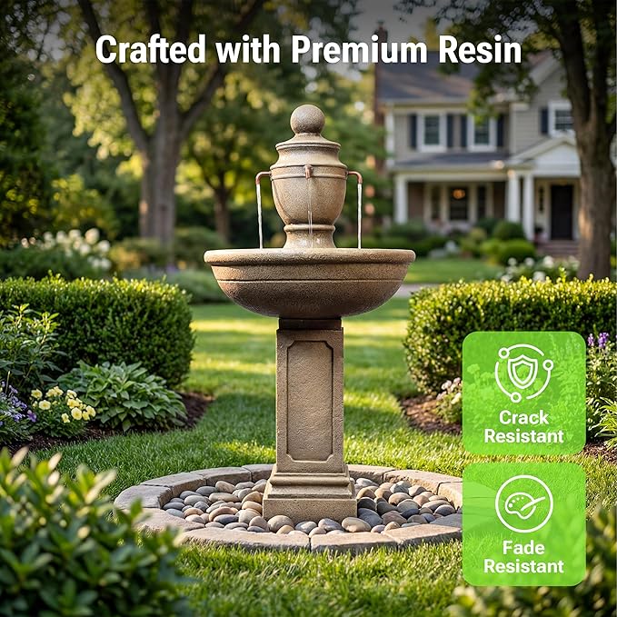 35-Inch Outdoor Water Fountain, 2-Tier Modern Italian Floor Standing Resin Waterfall Fountain with Warm Light, Home Art Decor for Garden, Patio, Yard, Porch, Deck, Lawn or Balcony in Brown