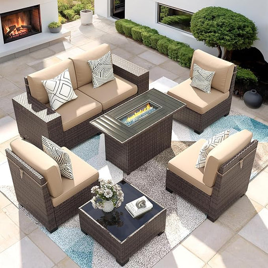 7 Piece Patio Furniture Set with Fire Pit Table, Outdoor Conversation Sets Wicker Rattan Sectional Sofa with Coffee Table for Patio Garden Backyard, 4'' Thickened Cushion Beige