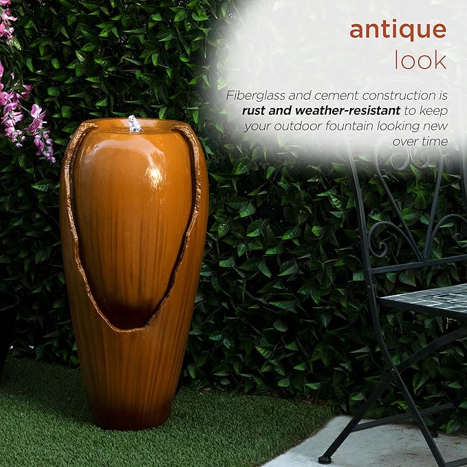 Alpine Corporation 33" Tall Outdoor Vintage Cascading Antique Jar Water Fountain with LED Lights for Gardens, Patios, and Yards, Brown