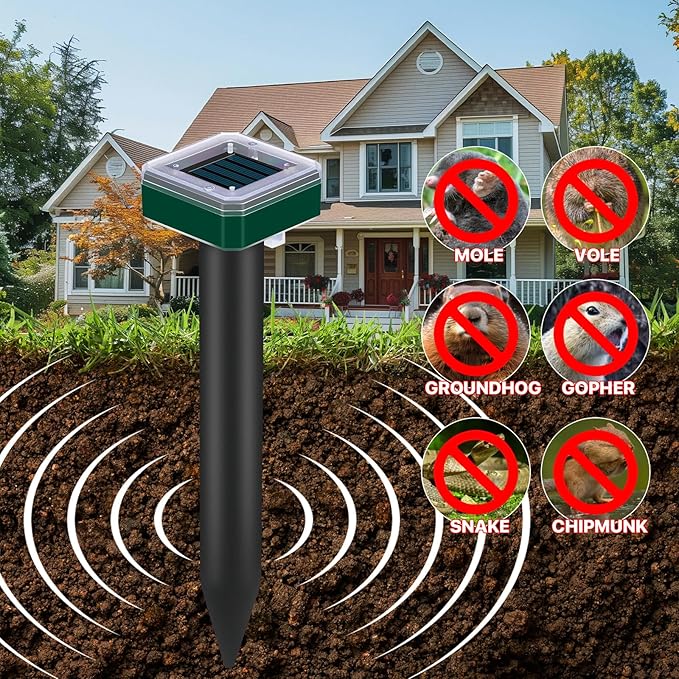 12 Pcs Tirgo Mole Repellent Solar Powered for Lawns Snake Repellent for Yard Gopher Groundhog Vole Repellent Trap Ultrasonic Outdoor Waterproof Chipmunk Rodent Burrowing Animals Deterrent Stake (12)