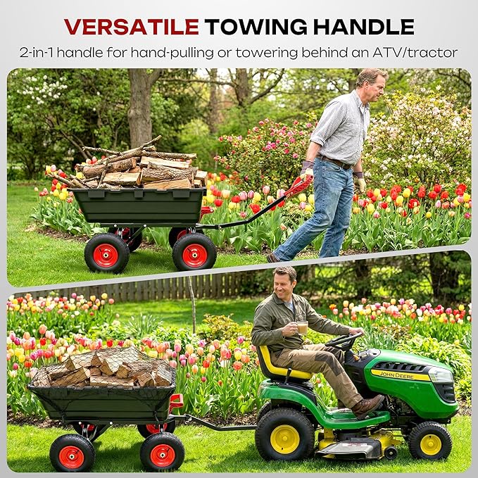 Autodaya 1200lbs Garden Dump Cart,7 Cu.Ft Utility Wagon Cart with Hitch,Heavy Duty Yard Dump Wagon Wheelbarrows with 13" All Terrain Wheels & 2-in-1 Handle,Tow Behind for Lawn Mower Tractor ATV