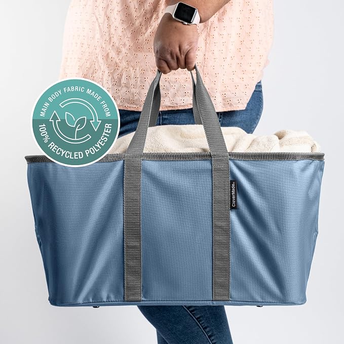 CleverMade Collapsible Laundry Tote, 50L Carry-All Tote, 2 Pack, Denim | Carry a Full Load with One Hand | Long Center Handles Balance 55 lb, While the Steel Rim Holds Shape and Folds Flat