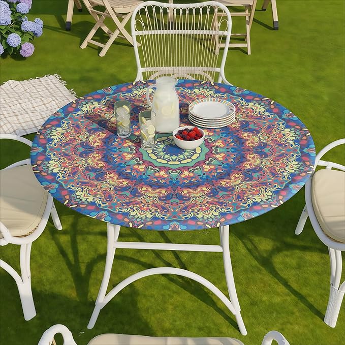 Waterproof Fitted Round Tablecloth Boho Table Cloth Summer Fall Outdoor Circle Cover for 48 Inch 45-54" Table Dining Kitchen Apartment Essentials Picnic Camping Party Decor Housewarming Gift
