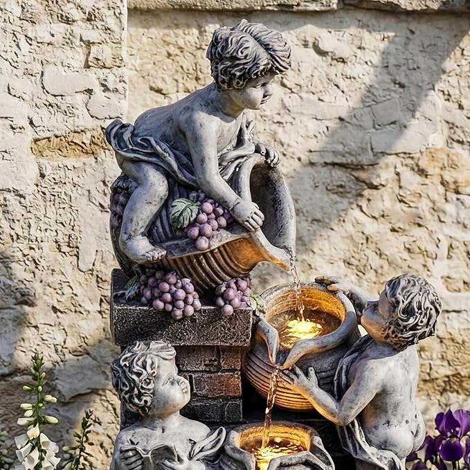 21-Inch Outdoor Water Fountain, 4-Tier Cascading Resin Cherub Garden Fountain with 3 LED Lights, European Style Decorative Water Feature for Backyard, Patio, Deck, Lawn, Balcony in Gray