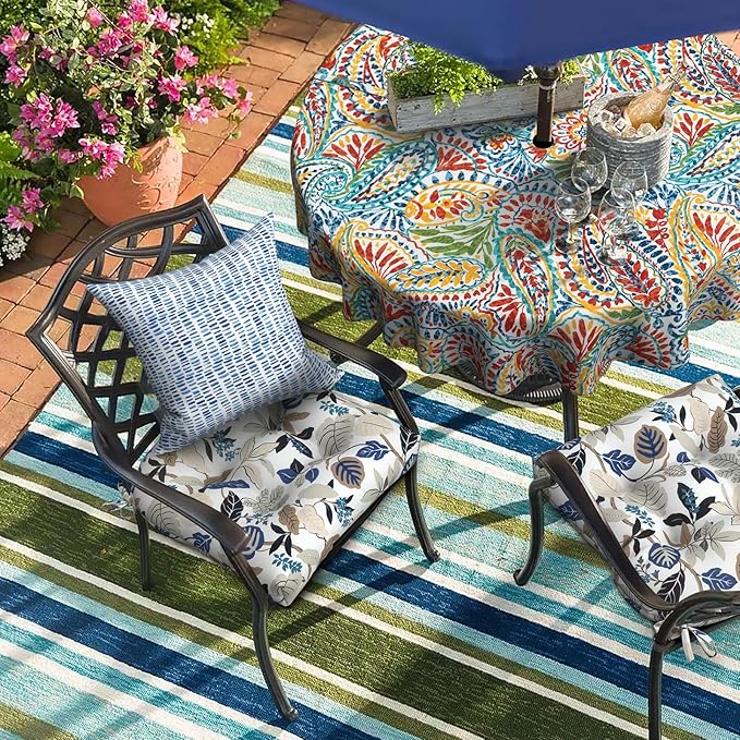 DYTXIII Set of 2 Outdoor Chair Cushions 19"x19"x4", Water Repellent Tufted Patio Seat Cushions with Ties, Thick Replacement Pads for Wicker Dining Chairs, Patio Furniture, Breeze Leaves Beige