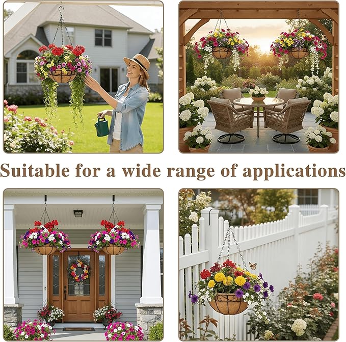 EIMQUVW 4 Pack Outdoor Patio Hanging Baskets 12 Inch Chain Link Round Metal Hanging Planters with Coco Liner Wire Flower Pots Suitable for Balconies Porches Gardens and Windowsills