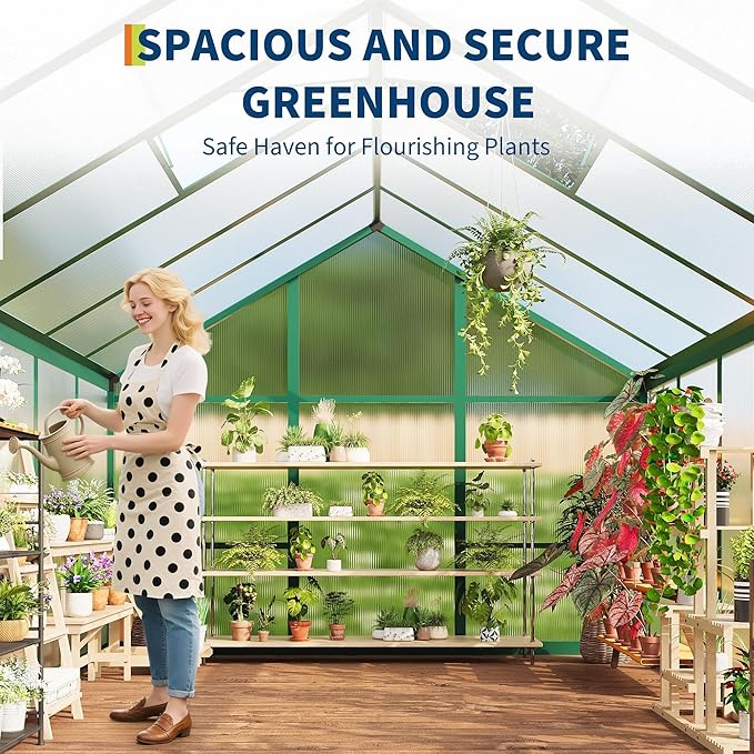 GarveeHome 6X8 FT Greenhouse for Outdoors, Walk-in Greenhouse Kit with Aluminum Frame, Polycarbonate Panels, Adjustable Roof Vent, Sliding Door, Secure Lock for Outside Garden, Patio, Backyard