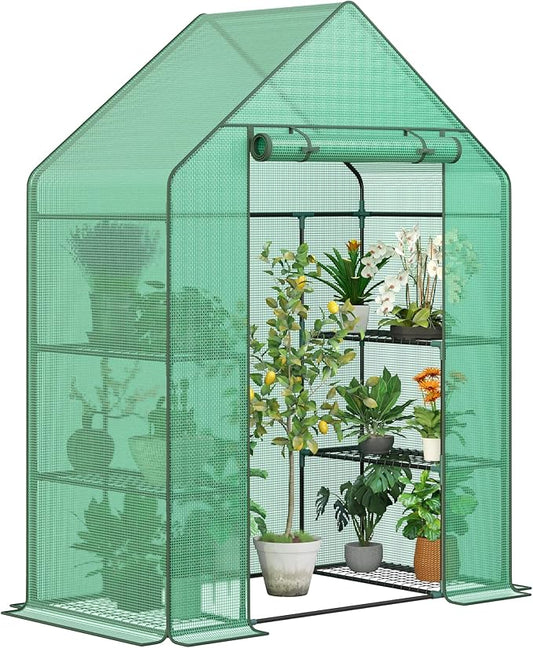 LEMY Mini Walk-in Greenhouse 3 Tiers 6 Shelves with PE Cover,Roll-Up Zipper Door and Mesh Windows,Anchors Ropes for Outdoor Garden,Backyard,Patio,Grow Vegetables,Flowers and Herbs