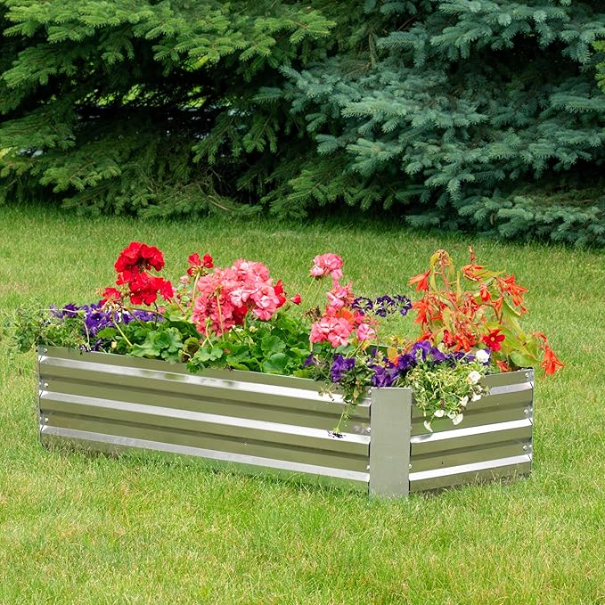 Sunnydaze Galvanized Raised Garden Bed - Metal Raised Bed for Gardening - Outdoor Planter Box for Flowers, Plants, and Vegetables - Silver - 48" W x 24" D x 12" H Rectangle