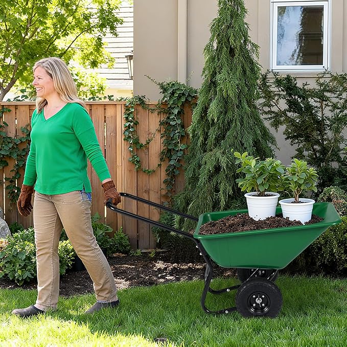 Giantex Dual-Wheel Wheelbarrow, Heavy-Duty Garden Utility Cart with Built-in Stand, Pneumatic Tires, 330 Lbs Capacity, Foldable Handle, 21 Gal Dump Cart for Yard Lawn Moving Soil, Garden (Green)