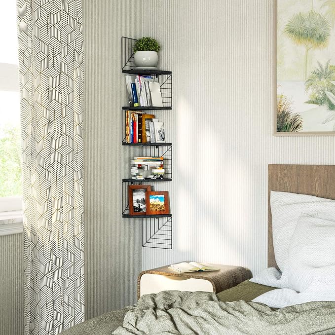 Love-KANKEI Corner Wall Shelf 5 Tier,Solid Wood/Metal Bracket,51"Tall,Black
