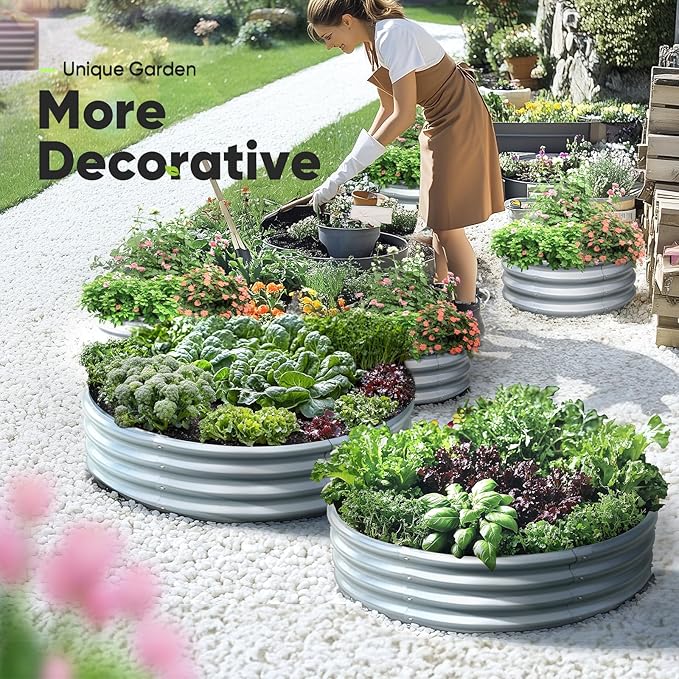 KING BIRD Raised Garden Bed Galvanized Round Planter Box Outdoor for Gardening, Plants, Vegetables, Flowers, Silver, 47.3x47.3x11.8 in