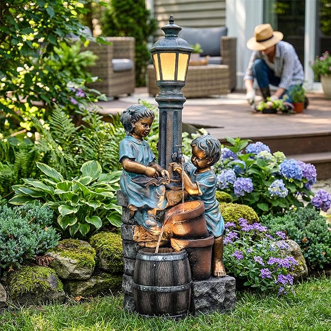 47-Inch Outdoor Water Fountain, 3-Tier Boy and Girl Resin Waterfall Fountain, with Soothing Water Sound & 3 Warm LED Lights, Home Decor for Garden, Patio, Yard, Deck or Lawn in Brown and Blue