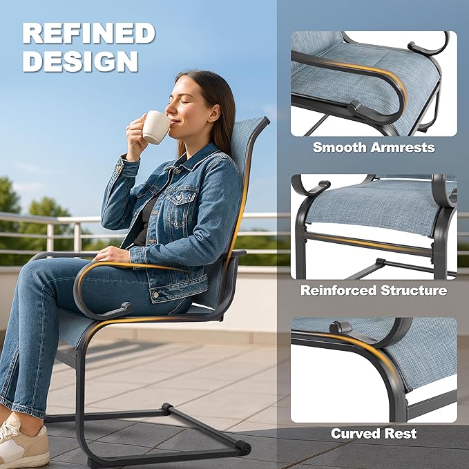 NUU GARDEN Set of 2 Padded Textilene Patio Dining Chairs C Spring Outdoor Chairs with Curved Armrests Powder Coated Metal Frame Patio Furniture for Garden Backyard Poolside Lawn Blue and Black