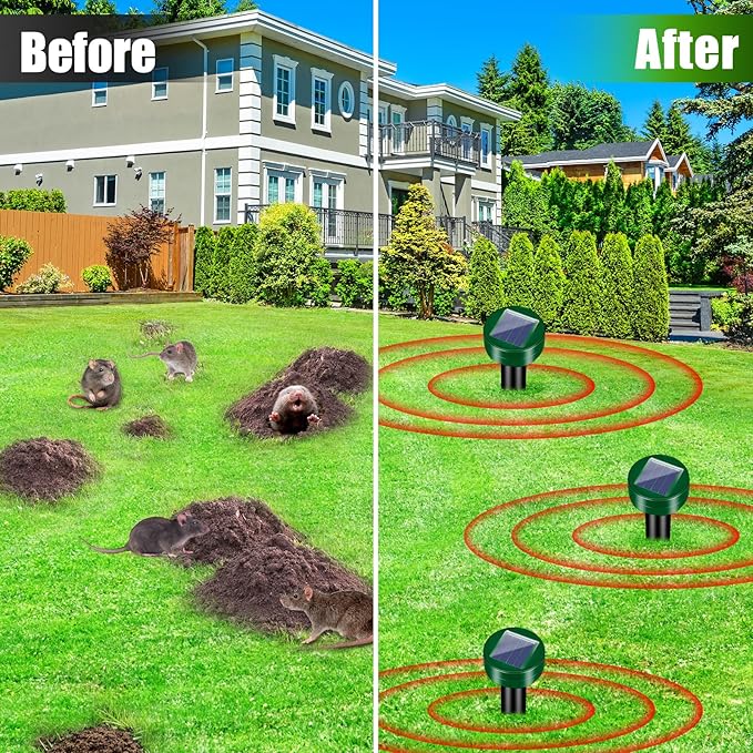 8Pack Mole Rat Repellent for Lawns, Solar Ultrasonic Chipmunk Groundhog Repeller Outdoor, Gopher Snake Repellent for Yard, Sonic Rodent and Vole Deterrent Spikes for Squirrel Armadillo Garden