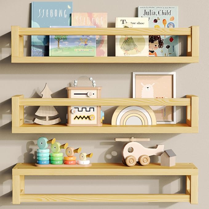 3Pack Solid Wood Floating Shelves for Wall, Nursery Bookshelf, Natural Wood | Durable Solid Wood Construction, Deep Shelf Space for Books, Toys, Plants, Photos and Kitchen Storage