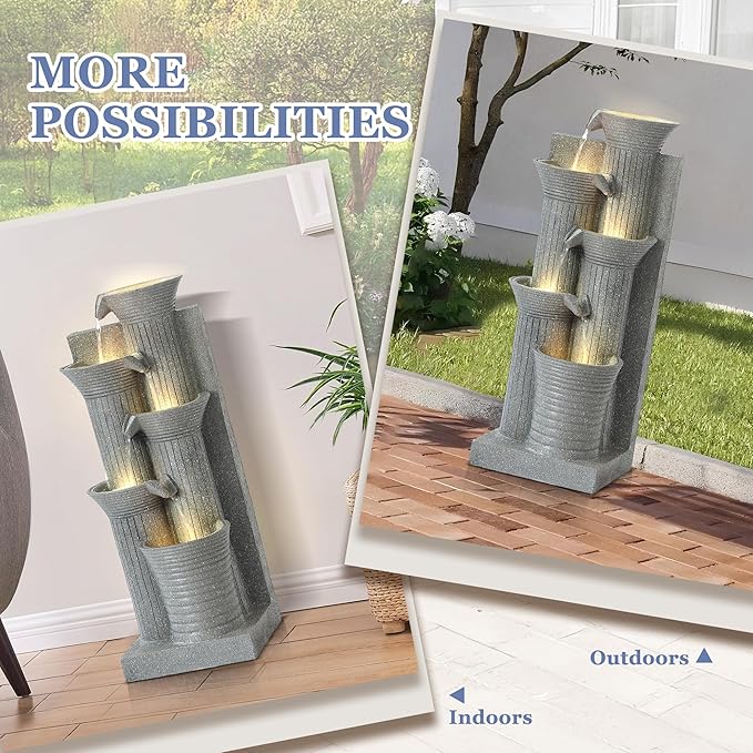 Grepatio Outdoor 5-Tiers Cascading Water Fountain, Garden Waterfalls Fountain with LED Lights, 24" H Modern Indoor Floor Standing Water Fountains with Pump for Patio, Yard, Deck Decor (Light Grey)