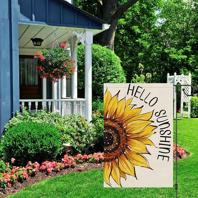 Hello Sunshine Summer Garden Flag 12x18 Inch Double Sided for Outside, Floral Sunflower Seasonal Burlap Yard Outdoor Flag