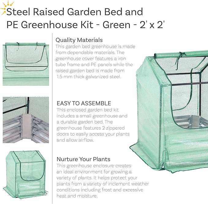 Sunnydaze Steel Raised Garden Bed with Mini Greenhouse - Outdoor Greenhouse Kit - 2 Zippered Doors - 2' x 2' - Green