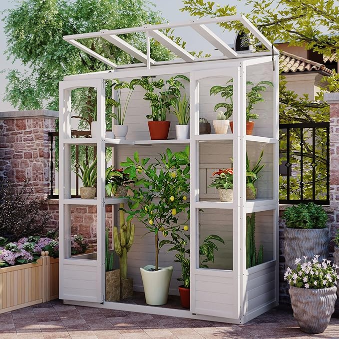 Walk-in Greenhouse for Outdoor 78 Inch Wooden Green House Cold Frame with 2 Doors 4 Openable Independent Skylights 2 Folding Middle Shelves Heavy Duty Plant Gardening Green House for Backyard, White