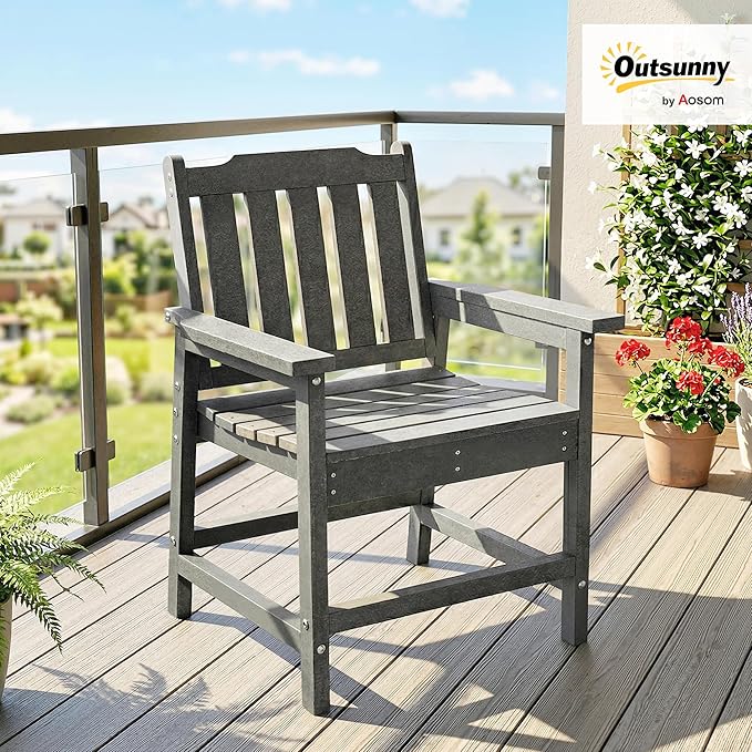 Outsunny All-Weather Patio Chair, HDPE Patio Dining Chair, Heavy Duty Wood-Like Outdoor Furniture for Garden, Backyard, Deck, Porch, Lawn, Gray