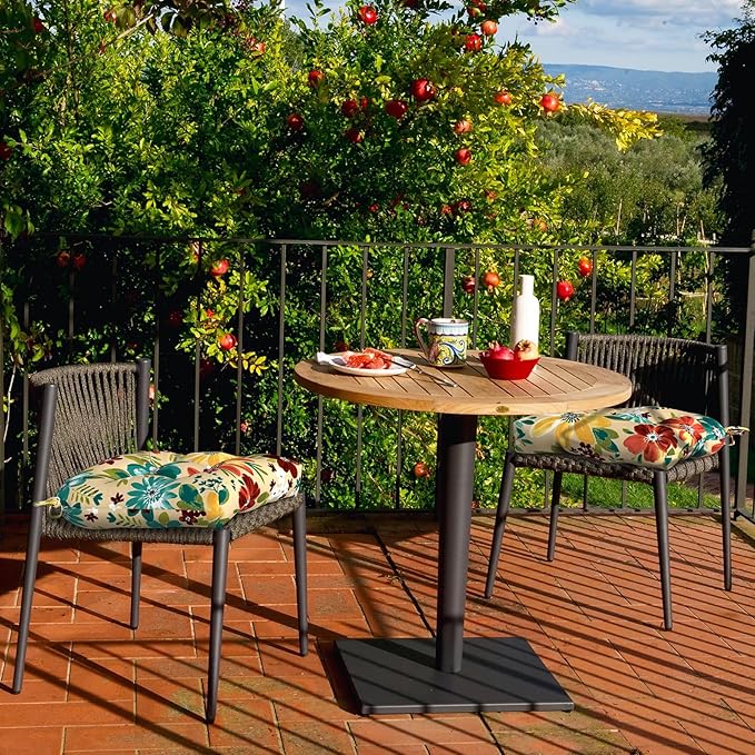 DYTXIII Set of 2 Outdoor Chair Cushions 19"x19"x4", Water Repellent Tufted Patio Seat Cushions with Ties, Thick Replacement Pads for Wicker Dining Chairs, Patio Furniture, Flower Multi