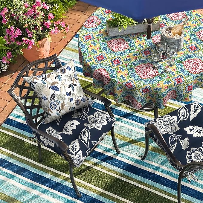DYTXIII Set of 2 Outdoor Chair Cushions 19"x19"x4", Water Repellent Tufted Patio Seat Cushions with Ties, Thick Replacement Pads for Wicker Dining Chairs, Patio Furniture, Vines Navy