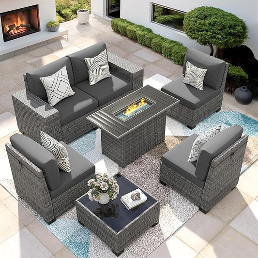 7 Piece Patio Furniture Set with Fire Pit Table, Outdoor Conversation Sets Wicker Rattan Sectional Sofa with Coffee Table, 4'' Thickened Cushion Dark Grey