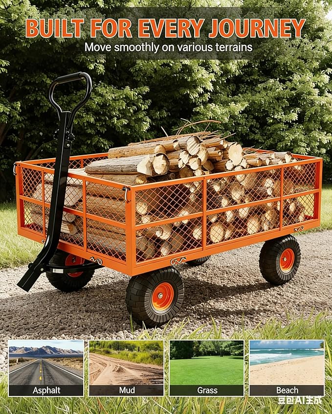 Garvee Steel Garden Cart, 1200 LBS Capacity Utility Outdoor Wagon, Heavy Duty Mesh Garden Wagon with Removable Sides, 2-in-1 Handle, 13" Tires for Yard, Lawn, Garden