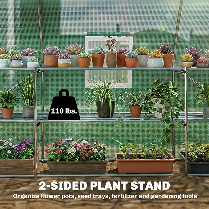 Outsunny 10'x11'x6' Walk-in Tunnel Greenhouse with Shelves, Mesh Door and Windows, Hoop House Greenhouse with PE Cover, Outdoor Green House for Patio Lawn Garden, Green
