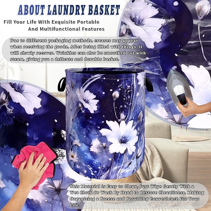 Blue Daisy Floral Laundry Basket Oxford Cloth Foldable Hamper 18.9x16.5 In | Colorful With Handle Large-Capacity Tote Bag Laundry Hamper Clothes Storage Bucket Toy Organizer For Bathroom,Laundry,Bedroom