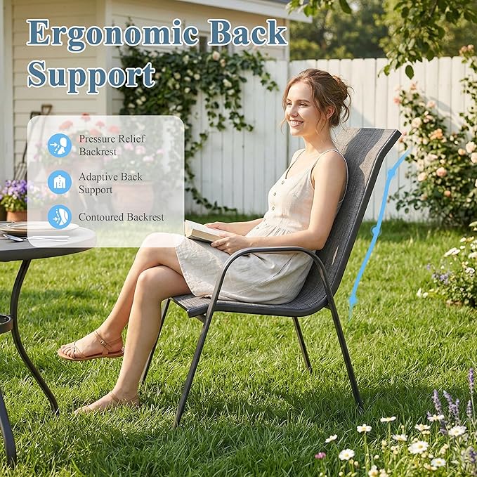 DIFY Patio Chairs Set of 6, Stackable Outdoor Dining Chairs Set with Breathable Textilene High Back and All-Weather Metal Frame for Garden, Backyard, Deck, Grey