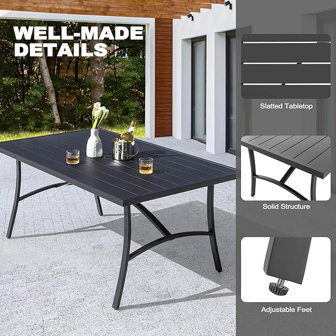 NUU GARDEN 63" Aluminum Slat Top Outdoor Patio Dining Table, 6-8 Person Rectangle Aluminum Bistro Table with 1.97" Umbrella Hole, Powder Coated Frame Dining Tables for Backyard Garden, Black