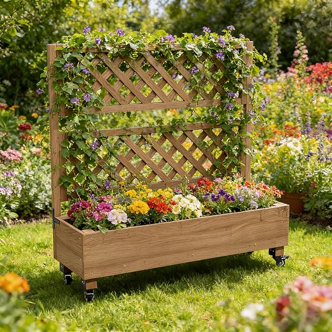 Raised Garden Bed with Wheels Outdoor, Large Garden Planter Box Tomato Flower Pots Cages with Standing Diamond Lattice Trellis for Vegetables Vines Herbs Fruits & Climbing Plants (Rhombic Grid))